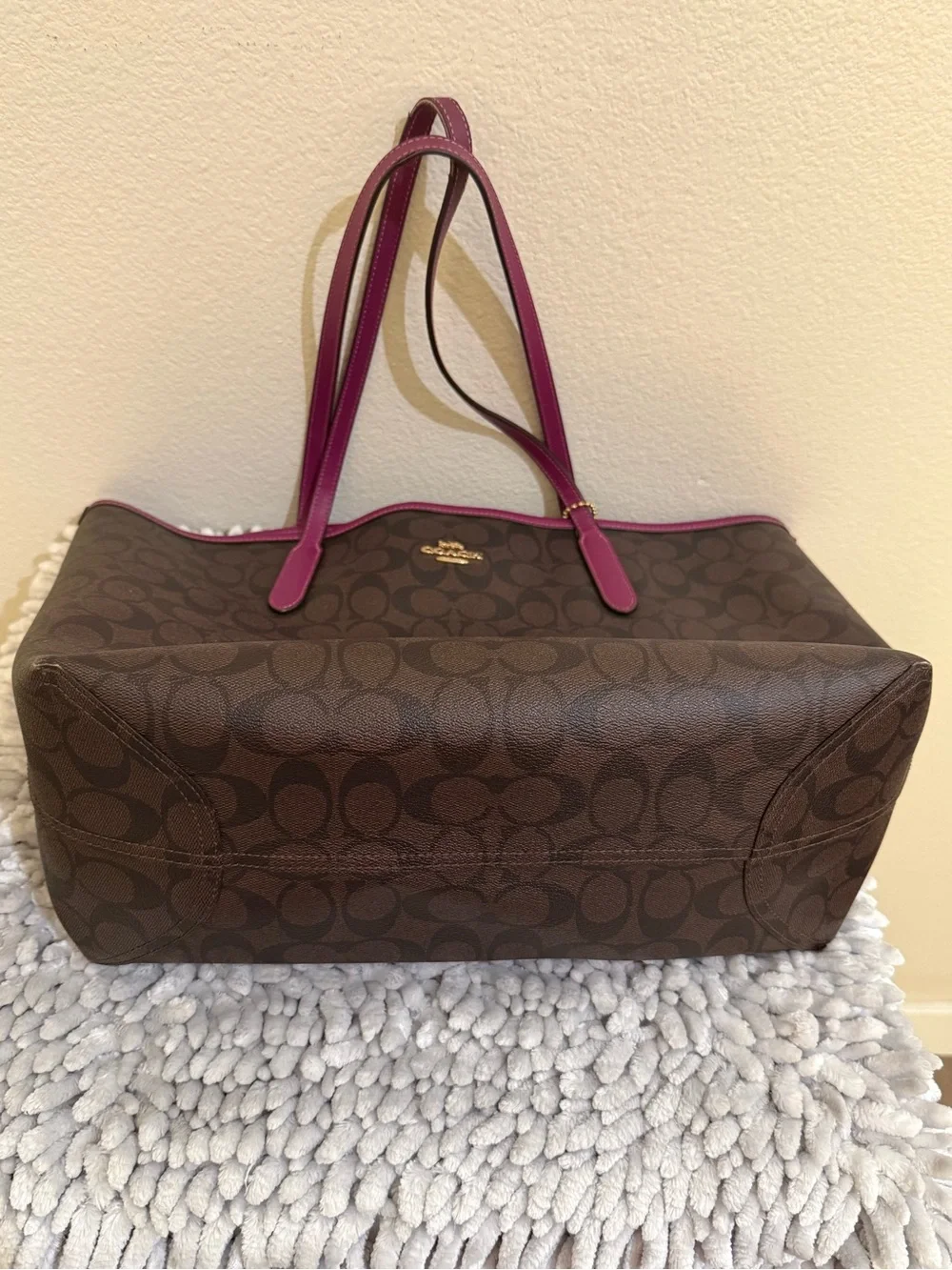 Coach Black Signature Tote with Plum Trim